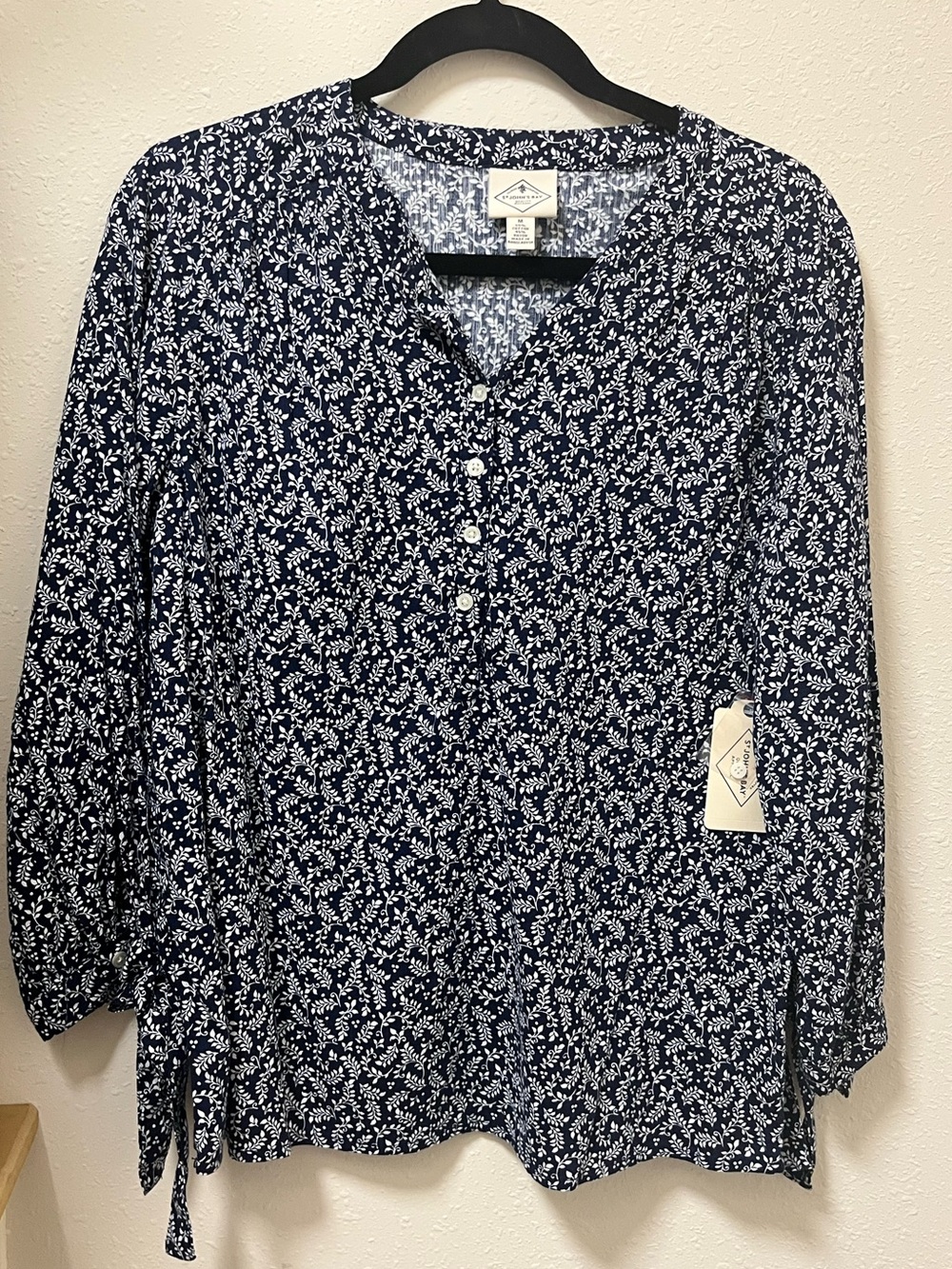 St. John's Bay Navy and White Floral Button-Front Blouse